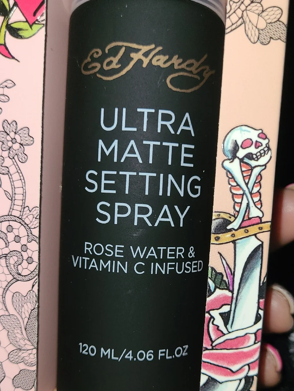 Ed Hardy Ultra Matte Setting Spray in Pink Floral Packaging